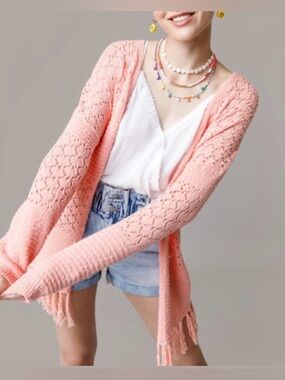 Francesca’s Pointelle Fringe Cardigan. 100% Cotton. Size Medium.